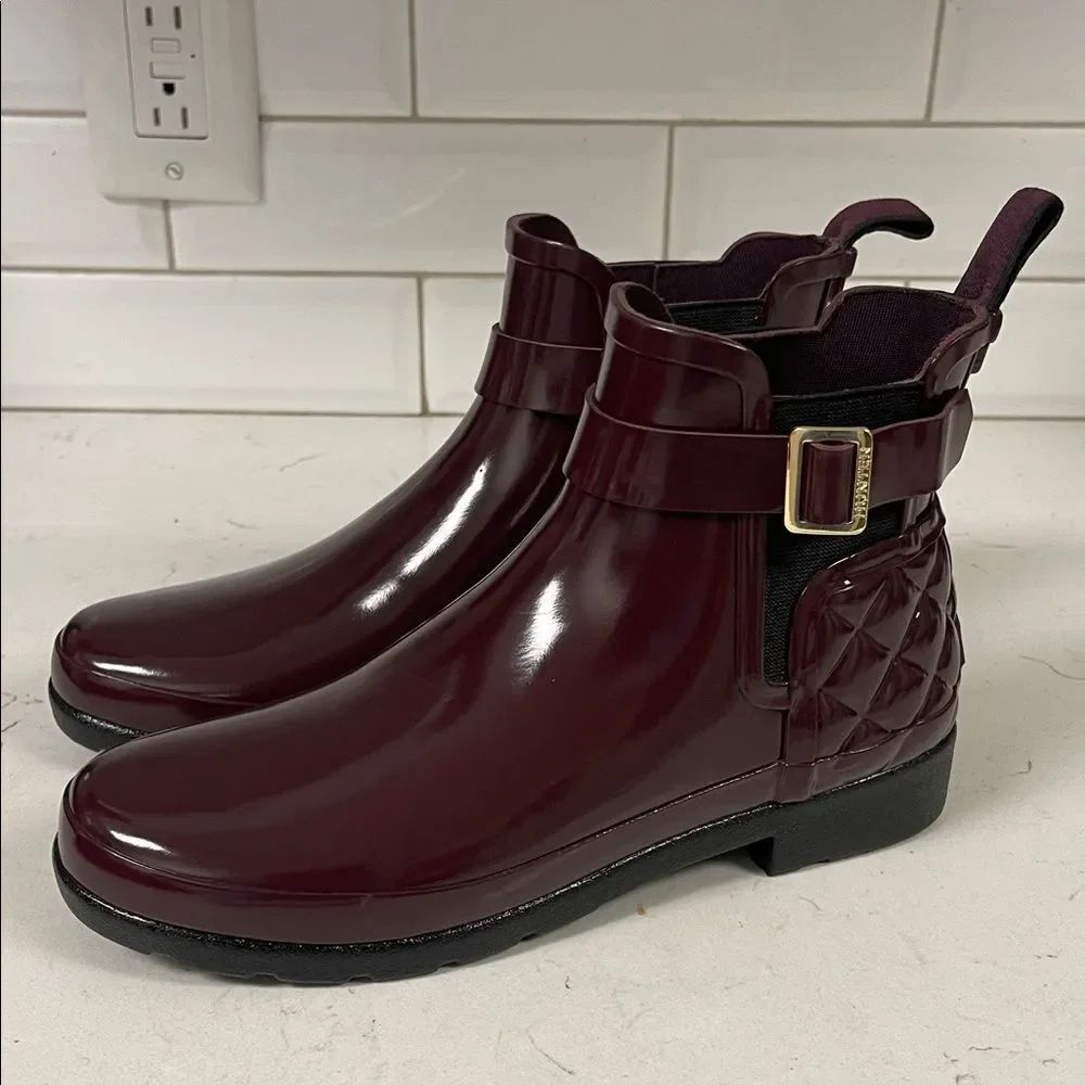 Hunter Original Refined Quilted Gloss Chelsea Waterproof Boots Burgundy Size 8